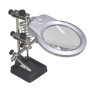 3eme main support avec lentille loupe x2 de 90 mm - 3 bras articulés - pinces crocodiles - LED - Dimensions : 17x12x9.5