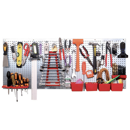 Panneau mural d'atelier BMI, 34 access. 25 crochets en acier et de 4 bacs, 1 support à forets,  tournevis, clés, sans...