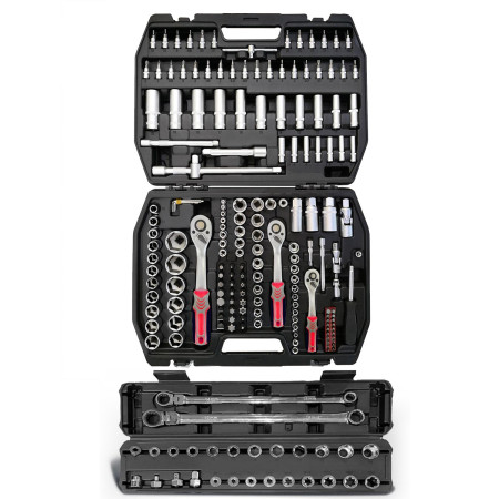 Coffret Outils Kraft Muller CRV 171 pièces Douilles, Cliquets, 2 clés Flex de 14 et 19mm, avec 25 emboûts, Chrome van...