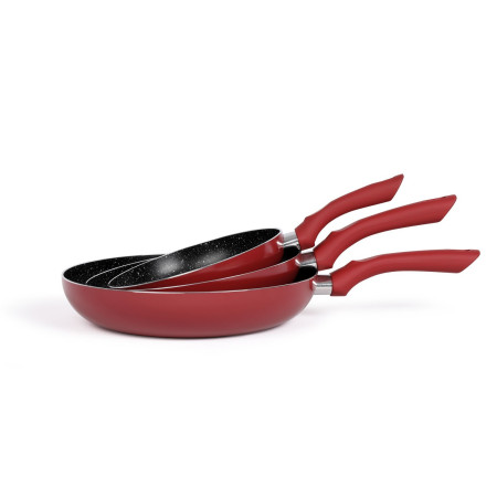 LIVOO MEN124RC set de 3 poëles aspect pierre coloris rouge chili  diamètre 20 - 24 - 28 cm en aluminium
