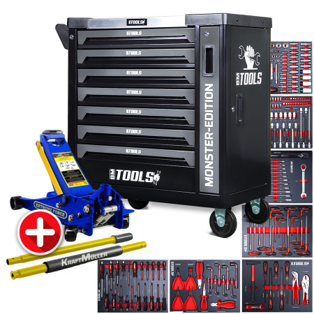 Servante d'atelier BM TOOLS 9/7 MONSTER-EDITION-GREY 7 tiroirs pleins 257 outils + Cric hydraulique Kraft Muller 2,25...
