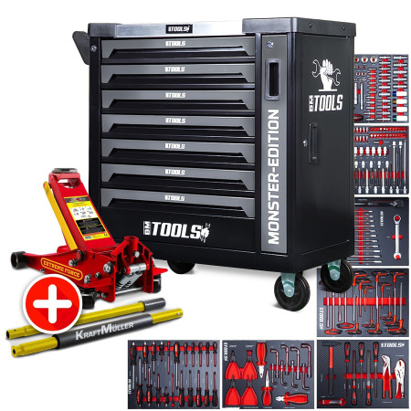 Servante d'atelier BM TOOLS 9/7 MONSTER-EDITION-GREY 7 tiroirs pleins 257 outils + Cric hydraulique Kraft Muller 2,25...