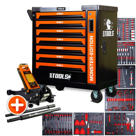 Servante d'atelier BM TOOLS 9/7 MONSTER-EDITION-ORANGE 7 tiroirs pleins 257 outils + Cric hydraulique Kraft Muller 2,...