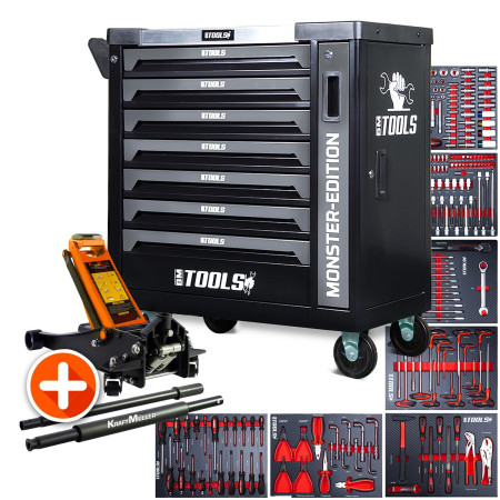 Servante d'atelier BM TOOLS 9/7 MONSTER-EDITION-GREY 7 tiroirs pleins 257 outils + Cric hydraulique Kraft Muller 2,25...