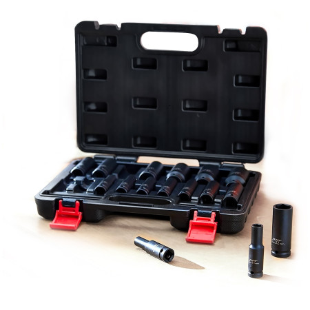 Coffret de douilles longues WIdmann W-16PS-BK 1/2 à choc 16 pcs Socket de 10 à 32, Acier chrome-molybdène