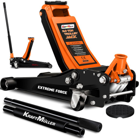 Cric hydraulique Kraft Müller professionnel 3 tonnes, Orange, Haut. de levage 46cm, Levée rapide grâce au système à d...