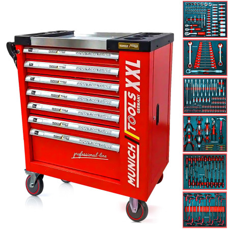 Servante d'Atelier MUNICH TOOLS XXL Cabinet 7/6 Rouge, sur 4 roulettes 7 tiroirs dont 6 outillés - 1 placard Latéral,...