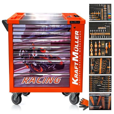 Servante d'Atelier/Garage Kraft Muller 7/6 RACING MOTO GP Orange - 7 tiroirs dont 6 outillés - 260 OUTILS + CLE DYNAMO