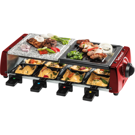 Raclette-Grill-Plancha-Pierre de Cuisson, Techwood TRGP-885 1200 W, Inclus : 8 Poêlons - Coloris Rouge