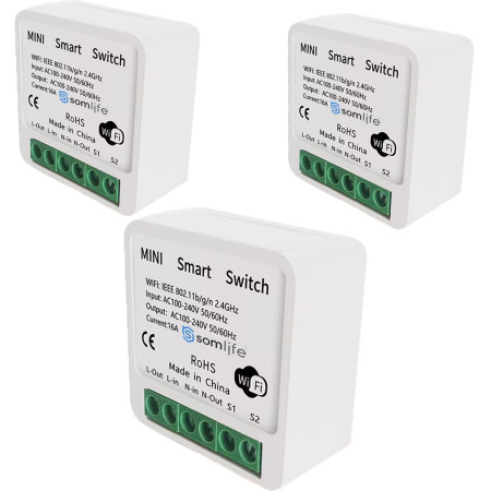 lot 3 Interrupteurs intelligent Somlife  WiFi 16A MiniSmart Switch Wi-Fi connecté,application Tuya/SmartLife,Alexa,Go...