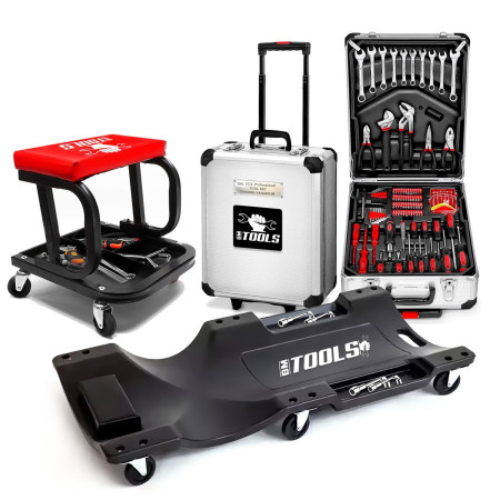Tabouret Roulant BM TOOLS, Plateau Outils de Rangement avec Chariot de visite et Valise 399 outils, PACK Garagiste, M...