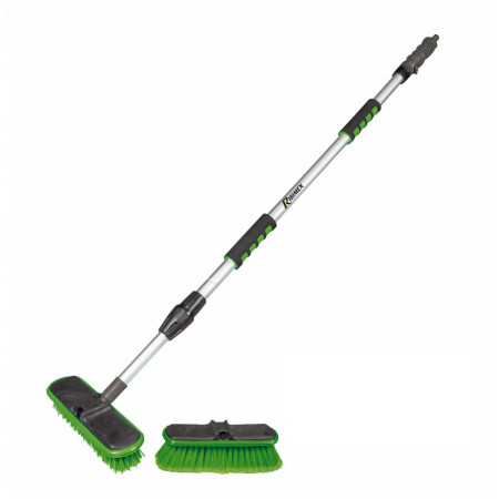 Balai brosse de nettoyage à eau avec 2 brosses, poil dur et poil souple - Manche télescopique alu - Connectable au réseau d’eau