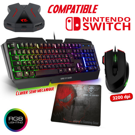 Pack Clavier semi mécanique Pro-K5, souris RGB et tapis PRO pour console Switch - Convertisseur inclus
