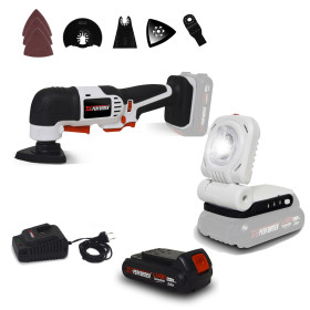 Pack Outil multifonctions à batterie 20V X-Performer - Ponce, Coupe + Lampe de Travail LED + Batterie 2 Ah + chargeur