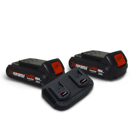 Pack 2 Batteries CONCEPT 20V Lithium 2 Ah pour la gamme d'outils Electro-portatifs X-PERFORMER + Double Chargeur