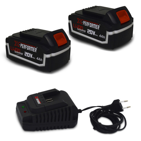 Pack 2 Batterie CONCEPT 20V Lithium 4 Ah compatible pour la gamme d'outils Electro-portatifs X-PERFORMER + Chargeur