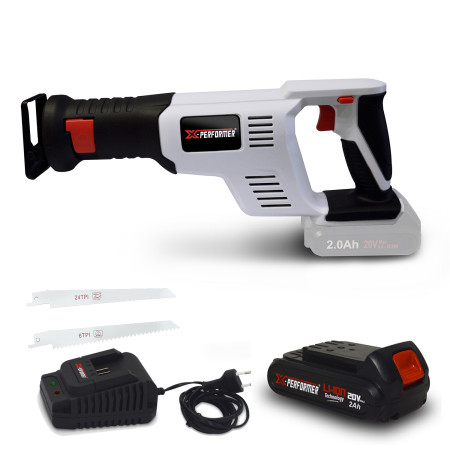 Scie sabre à batterie 20V X-Performer XPRS20LI + Batterie 2 Ah + chargeur + 2 lames Bois-Métal à changement rapide