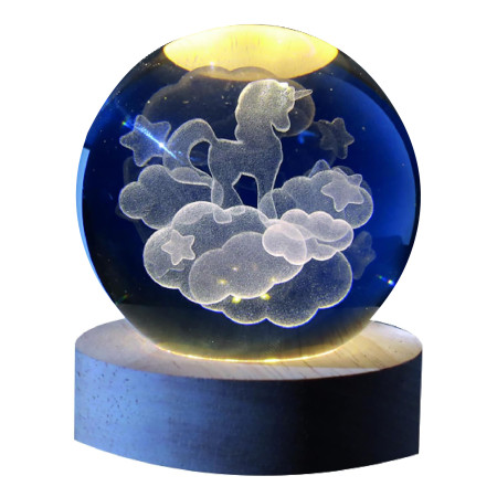 Boule de verre 3D avec LED RGB effet au plafond, veilleuse pour enfants, lampe de nuit avec base en bois, thème fantastique