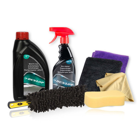 Kit Nettoyage Jantes Voiture 7 Pièces Dunlop - Shampoing, Nettoyant Jantes, Brosse Chenille, 2 Microfibres, Éponges et Chamois