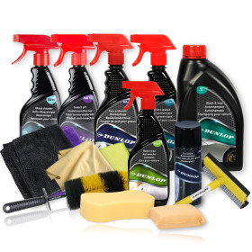 Kit Complet Nettoyage Extérieur Voiture Dunlop KNCE1 15 pièces - Shampoing, Jantes, Microfibres, Brosse, Éponges