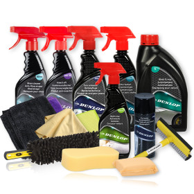 Kit Complet Nettoyage Extérieur Voiture Dunlop KNCE2 15 pièces - Shampoing, Jantes, Microfibres, Brosse, Éponges