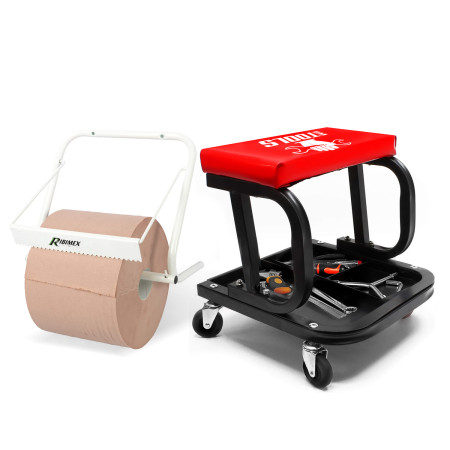 Tabouret Garage BM TOOLS Plateau Outils de Rangement, Siège Mécanicien Rembourré, Chariot Atelier avec Distributeur de papier