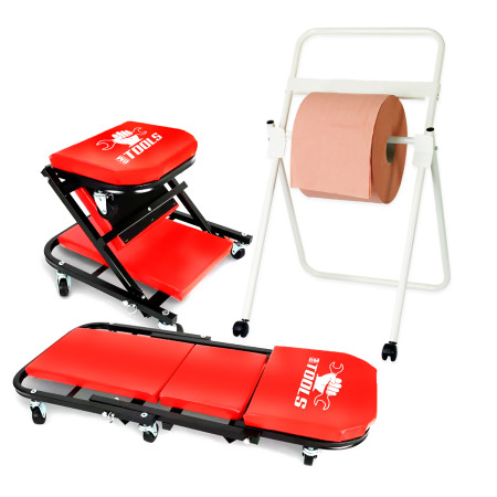 Chariot de Visite BM TOOLS Mécanicien Convertible en Siège Tabouret d'Atelier - Garagiste / 2 en 1 - avec Dévidoir de papier