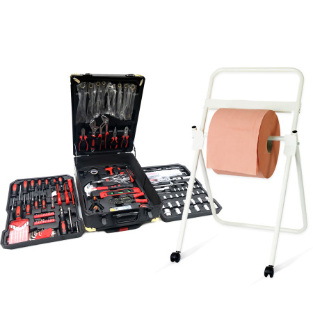 Caisse à outil 326 pièces Kraft Müller, valise avec Clés, Pinces, cliquets, Torx, Tournevis, avec Distributeur papier sur pied