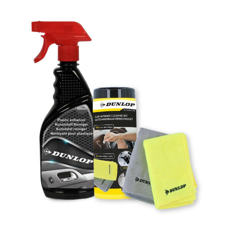 Pack Nettoyant Plastique 500ml et Chiffon Microfibre DUNLOP - Rénovateur Voiture Intérieur Extérieur, Restaure Brillance