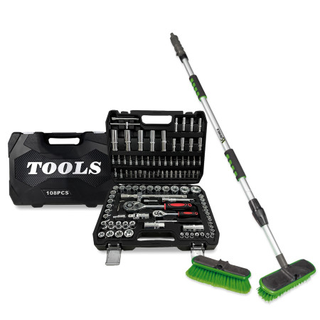 Coffret Kit Outils 108 pcs BM TOOLS BMT-108-PCS Clé à Cliquet Douille Acier Vanadium, Balai brosse de nettoyage à eau