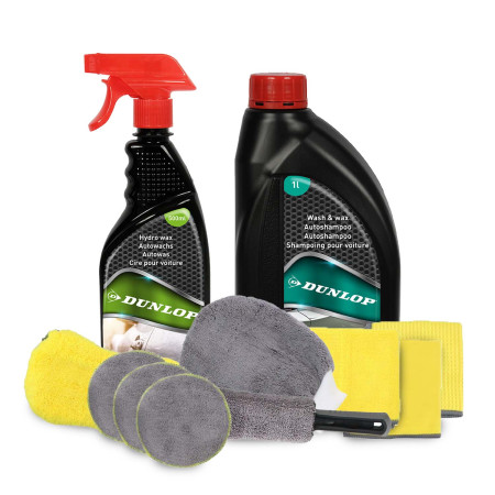 Pack Shampooing 1L et Hydro Wax 500ml avec Kit Microfibre DUNLOP - Lavage Cirage Protection, Brillance Auto, Nettoyage Complet
