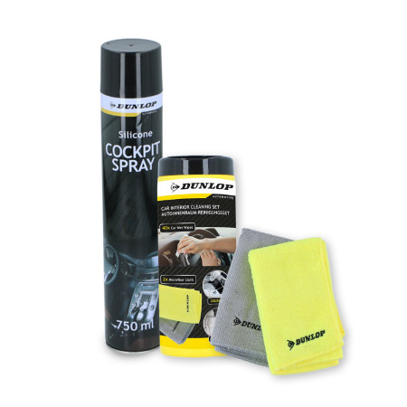 Pack Chiffon Microfibre 35x40cm 300gsm et Spray Cockpit 750ml DUNLOP - Nettoyant Protecteur Intérieur, Parfum Neutre Auto