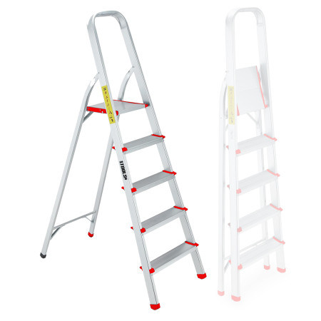 Escabeau avec 5 marches BM TOOLS BMT-ESC5-ALU - Haut. de travail : 99 cm - prend peu de place et se range facilement - en ALU