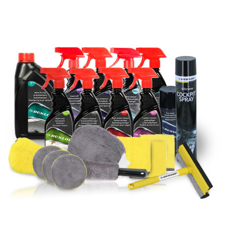 Pack Complet Nettoyant Intérieur/Extérieur pour voiture 21 pièces Dunlop Neutre - Shampoing, Nettoyant, Brosse, Microfibres