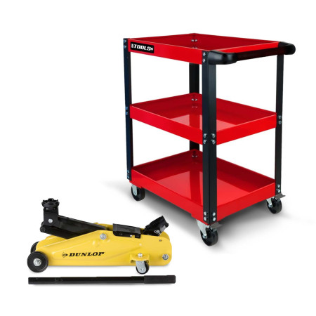 Servante d'Atelier BMTOOLS 3 étages sur roulettes & Cric Rouleur Hydraulique Compact DUNLOP 2T - Desserte, rangement pour outils