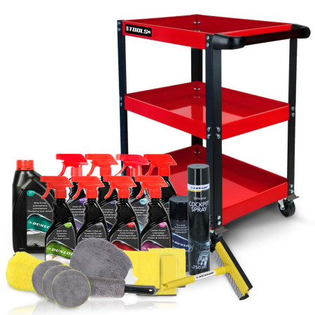 Chariot de Servante 3 Étages sur Roulettes BMTOOLS et Kit Nettoyage Auto Complet 21 Pièces Neutre DUNLOP (Shampoing, Micro, ...)