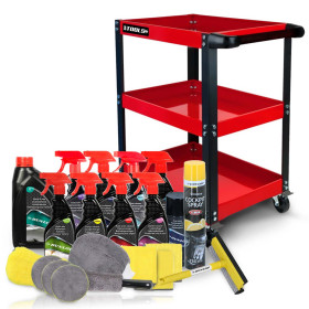 Chariot de Servante 3 Étages sur Roulettes BMTOOLS et Kit Nettoyage Auto Complet 21 Pièces Citron DUNLOP (Shampoing, Micro, ...)