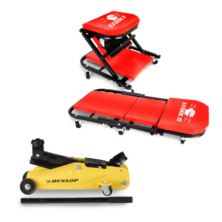 Chariot de Visite BM TOOLS Convertible Siège d'Atelier & Cric Rouleur Hydraulique Compact DUNLOP 2T - Transformable en Tabouret