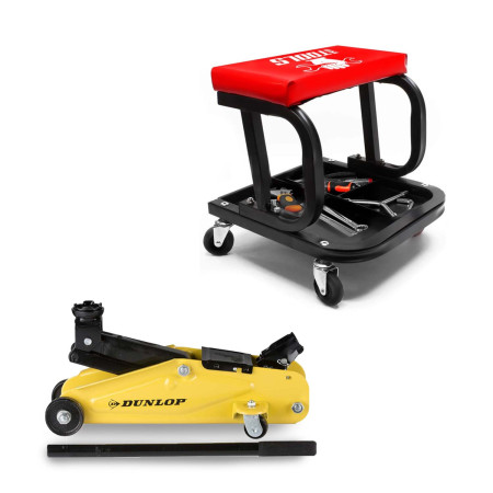 Tabouret de garagiste BM TOOLS avec Plateau Outils de Rangement & Cric Rouleur Hydraulique Compact DUNLOP 2T - Siège Rembourré