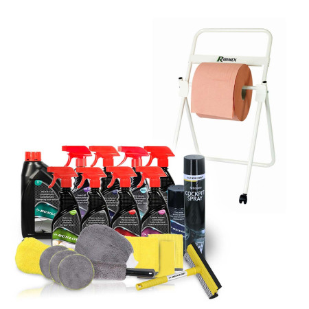 Kit Nettoyage Auto Complet 21 Pièces Neutre DUNLOP et Dévidoir sur pied, pour les garages, entretien auto