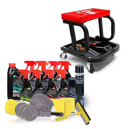 Tabouret de garagiste BMTOOLS avec Plateau Outils de Rangement, Rembourré et Kit Nettoyage Auto Complet 21 Pièces Neutre DUNLOP