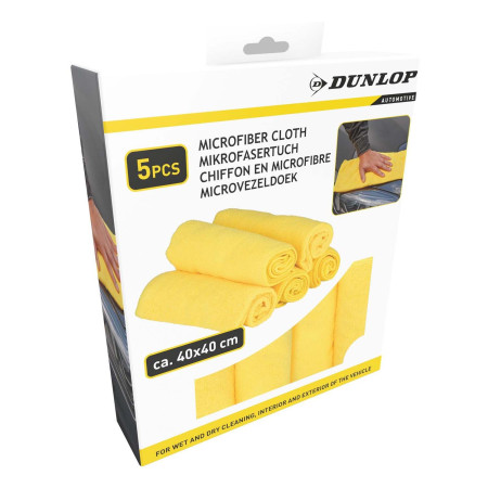Lot de 5 Chiffons Microfibres Voiture 40x40cm DUNLOP - 200GSM Ultra Absorbant - Nettoyage Auto Sans Trace Intérieur/Extérieur