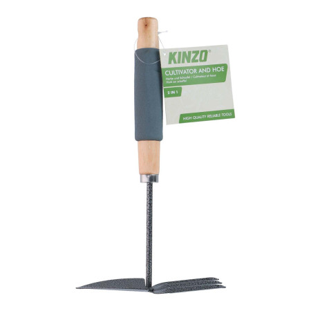 KINZO Outil Jardin 2en1 Serfouette & Griffe 30cm - Manche Bois Poignée Mousse - Binette à Main pour Désherbage & Aération Pots
