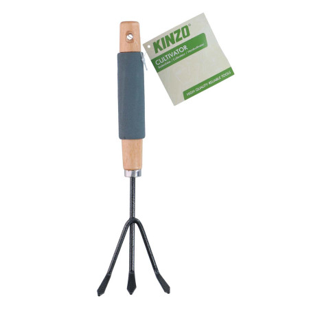 Cultivateur à Main 3 Dents KINZO - Griffe de Jardin 29cm Manche Bois & Mousse - Aérateur de Sol & Désherbage Jardinières