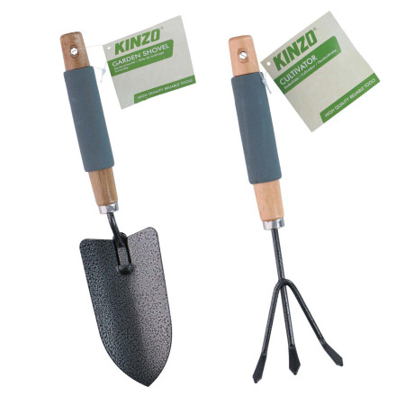 KINZO Kit Jardinage 2pcs - Pelle Transplantoir + Griffe 3 Dents - Manche Bois & Mousse - Outils à Main Plantation & Sol