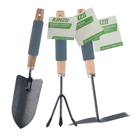KINZO Kit 3 Outils Jardin - Pelle + Serfouette + Griffe - Manche Bois & Mousse Ergonomique - Set Complet Plantation & Désherbage