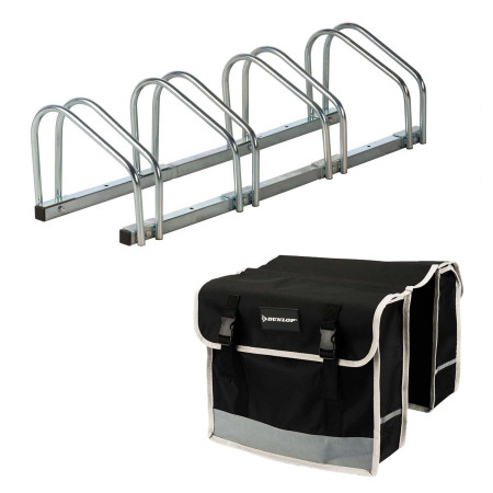 DUNLOP Pack Vélo - Râtelier Sol 4 Vélos Garage + Sacoche Double 31L Porte-Bagage - Kit Rangement & Transport Universel