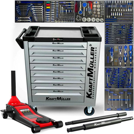 Servante Atelier Garage AUTO Véhicule XL 8 tiroirs 309 OUTILS, Dynamo, Kit Extraction Filtre à Huile, Cric Hydraulique 2,25T