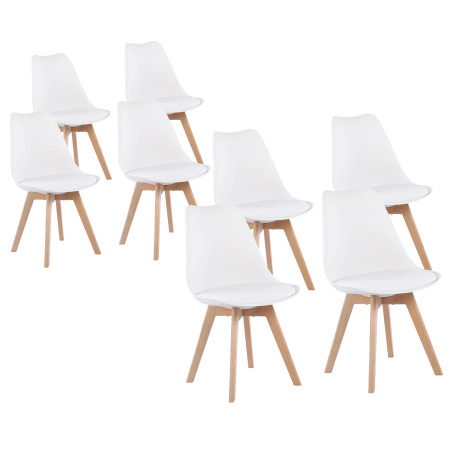 8 Chaises Tulipes Salle à Manger Scandinaves Bm Home Salle de Bureau, Pieds en Bois de Hêtre Massif, BLANCHES