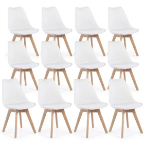 12 Chaises Tulipes Salle à Manger Scandinaves Bm Home Salle de Bureau, Pieds en Bois de Hêtre Massif, BLANCHES